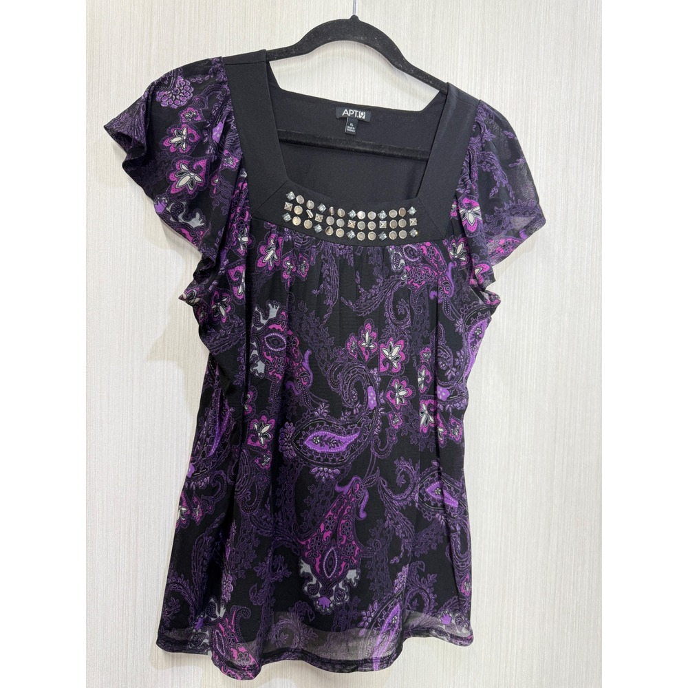Apt. 9 Womens XL Purple Paisley Mesh Studded Square Neck Flutter Sleeve Blouse